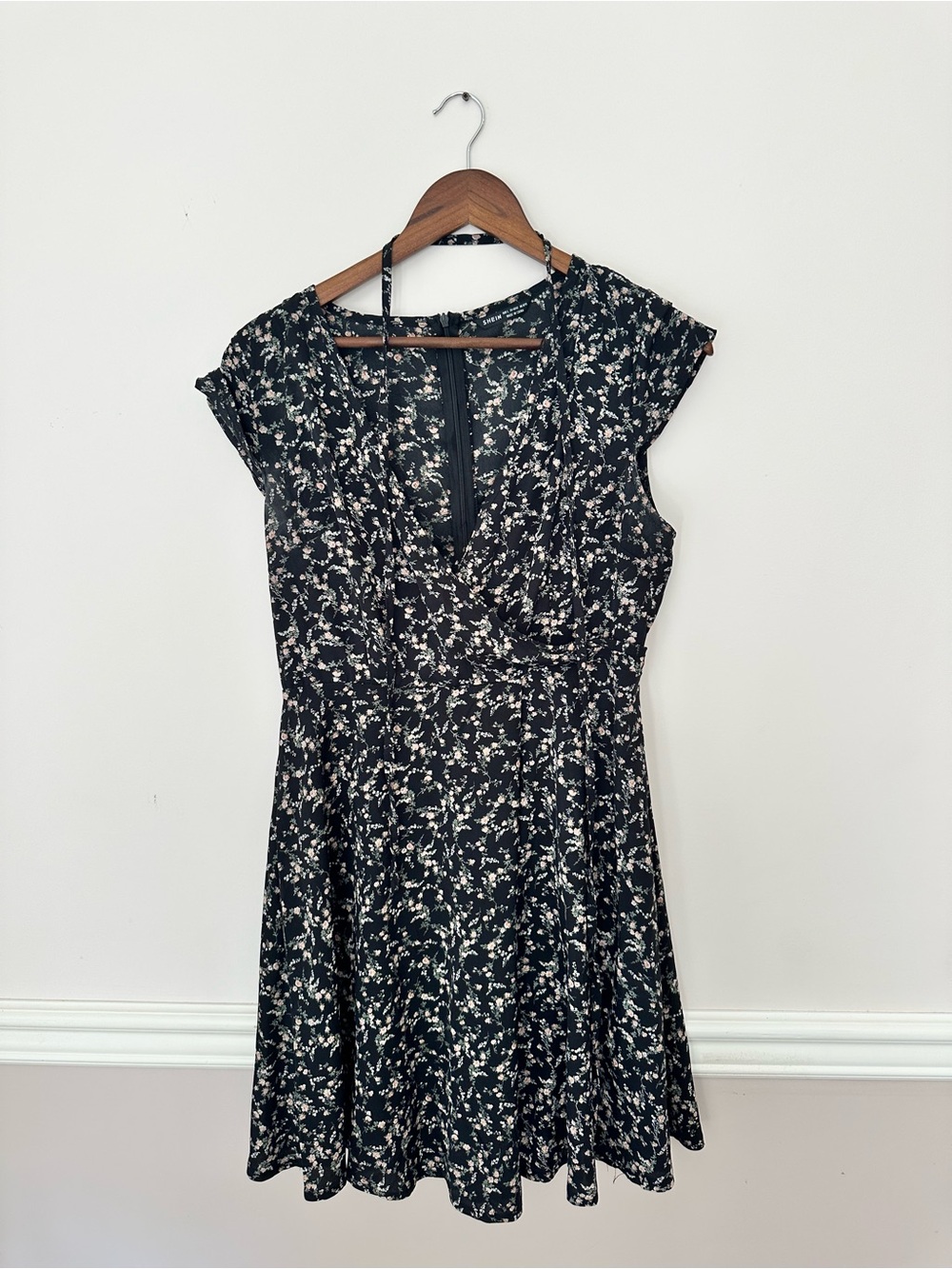 SHEIN Black Floral Mini Fit-and-Flare Dress